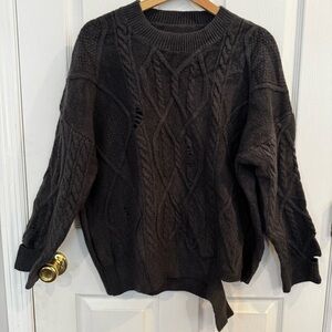 Deconstructed Black Cable Knit Sweater Distressed Asymmetrical Streetwear Large